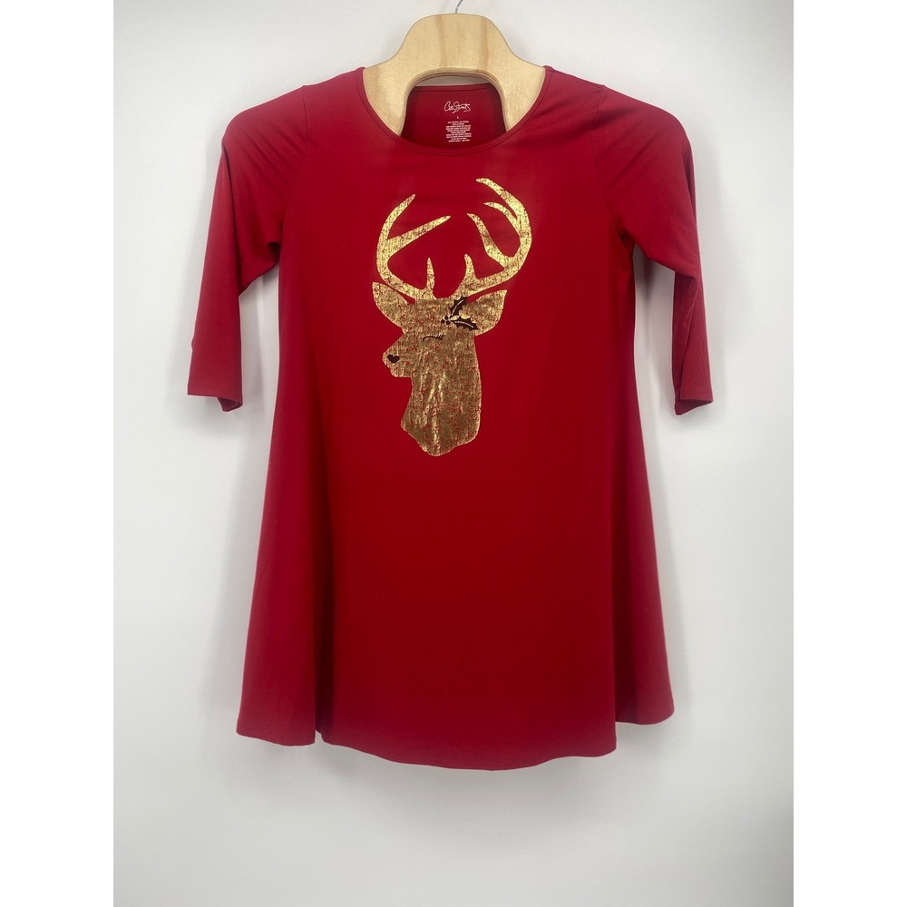 City Streets Tunic Top Large Red Gold Foil Deer Holiday 3/4 Sleeve Excellent